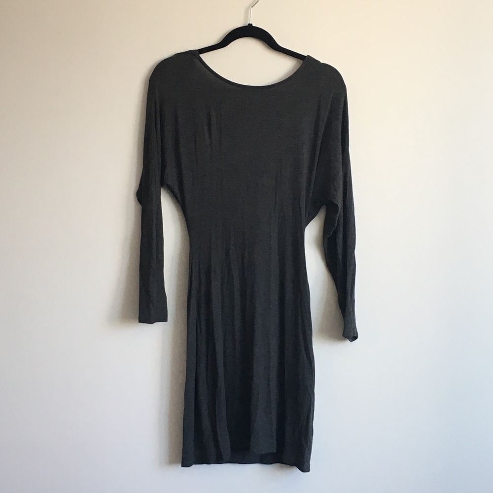 Gray knit dolman sleeve dress with low cowl back